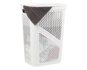 lot 9907 image: Mind Reader Slim Laundry Hamper with Lid, 60L Clothes Basket, Ventilated Plastic, White - Retail $0