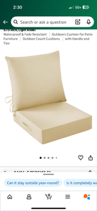 lot 9919 image: Outdoor Seat Cushion Set, Patio Chair Cushions, 24 x 24 x 5.75 Inch, Light KhakiWaterproof & Fade Resistant Outdoors Cushion for Patio Furniture Outdoor Couch Cushions with Handle and Ties - Retail $0