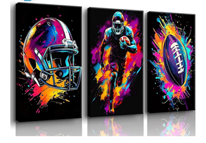lot 9945 image: 3Pcs American Football Canvas Wall Art Graffiti Cool Sport Themed Picture Watercolour Color Splash Ink Rugby Gaming Poster Print Artwork for Boys Room Teen Kids Playroom Wall Decor 12x16in Canvas - Retail $0