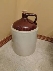 lot 906 image: Brown Glazed Stoneware Jug with Crock.  19 inches tall