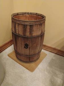 lot 907 image: Rustic Wooden Nail Keg with Metal Bands.  17 inches tall