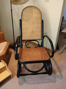 lot 913 image: Black, Wooden, Rutan Rocking Chair.