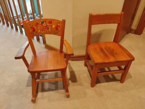 lot 937 image: 2 Wooden Kid Chairs.  One is a rocking chair. Located UPSTAIRS