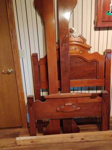 lot 967 image: Antique Twin Bed with Slats and Custom Made Mattress and Box Springs.  Headboard 58 x 42.  Footboard 25 x 42. Located DOWNSTAIRS