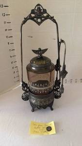 lot 1019 image: Vintage Pickle canister with tongs and Canadian coin from 1913
