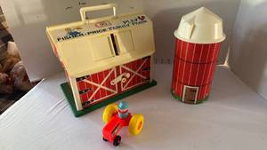 lot 1037 image: Vintage Fisher Price barn, silo and tractor