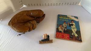 lot 1044 image: JC Higgins catchers mitt, baseball for Little League book and magnet