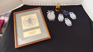 lot 1062 image: Framed pineapple print, pineapple wind chime, paper weight