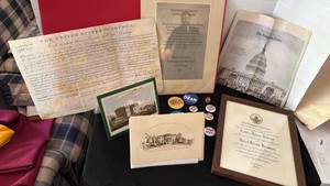 lot 1064 image: Official Christmas Cards from President Ford, President Nixon and President Carter, Inaugural Committee framed invitation for Presesident Lyndon Johnson, The New York  Times paper from Jan 6th 2021 and political buttons