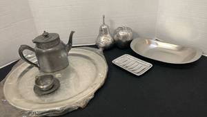 lot 1208 image: Silver plate coffee pot, cup and saucer, and fruit decor