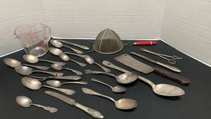 lot 1224 image: Misc silver plate flatware , measuring cup, strainer and more