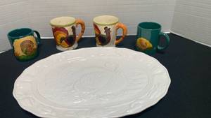 lot 1225 image: Thanksgiving Turkey Mugs and White Serving Platter Set