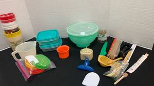 lot 1235 image: Storage Containers plastic cups, skewers, timer, chop sticks and more