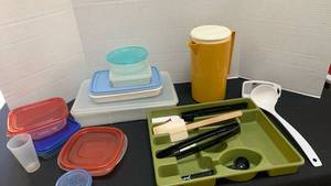 lot 1236 image: Storage Containers, pitcher, spatulas, and draw flatware organizer