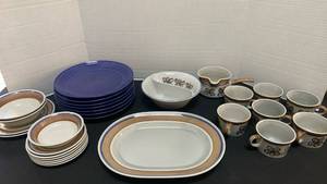 lot 1237 image: Pier 1 and Poppy Trail plates, cups and divided bowl and serving tray