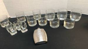 lot 1242 image: Jack Daniels Whiskey Glass Set with Metal Barrel flask