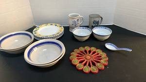 lot 1248 image: Misc plates, bowls, cups with Woven Trivet