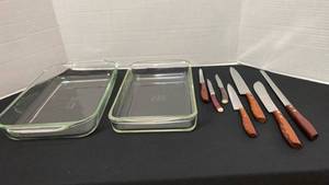 lot 1289 image: Pyrex glass baking pans and knives