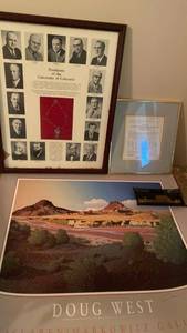 lot 1310 image: Colorado collection, framed Presidents of Univ of Colorado showing chain of office 24x18.5, framed Regents of Univ of Colorado Revolving Fund, signed poster of landscape by Doug West and small dish of McKee Hall at Colorado State College