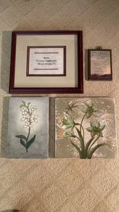 lot 1317 image: Floral prints on wood, framed cross stitch saying and more, largest 14x15.5