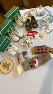 lot 1340 image: Toddler StrideRite shoes, moccasins, booties and vintage handkerchiefs