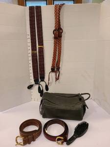 lot 1457 image: Mens belts size 36, one is a Brighton, toiletry bag, 2 pair suspenders.