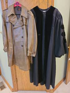 lot 1459 image: Mens leather coat size 40 and a college professors commencement gown