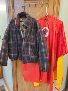 lot 1460 image: Mens Nautica reversible tanplaid winter jacket and a KC Chiefs rain poncho