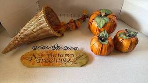 lot 3101 image: Wicker Cornucopia Basket Horn of Plenty Centerpiece 12 inch Long, pumpkins and wood plaque