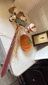 lot 3102 image: Fall decor, candle, bell,saltpepper shakers and framed print