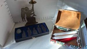 lot 3122 image: Frosted glass nativity, brass angel candle holder and tapers