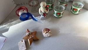 lot 3129 image: Snowman glass ornament, holiday glasses and ornaments