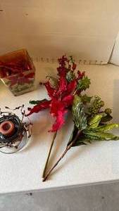 lot 3142 image: Candle holder, poinsettias vase and decorative floral stems