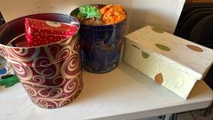 lot 3143 image: Holiday tins with ornaments, tin and decorative box