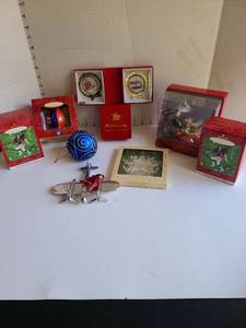 lot 3221 image: Fitz and Floyd and Hallmark Christmas ornaments, including two John Elway, others