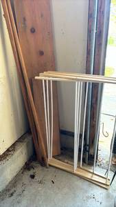 lot 3425 image: Wood, long dowel handles and a clothes drying rack