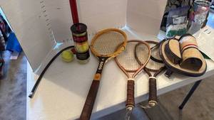 lot 3506 image: Bancroft Borg tennis racket, 2 racketball rackets, tennis balls and air pump