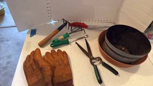 lot 3514 image: Gardening tools, gloves and pot