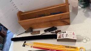 lot 3528 image: Wood tool box, tools and vent brush new