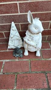 lot 4003 image: Plaster Bunny 14 inches tall missing ear, gnome face and metal frog