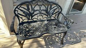 lot 4100 image: Ornate Cast Alluminum Garden Bench 32 inches tall and 42 inches wide