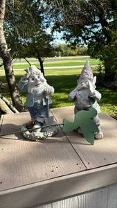 lot 4106 image: Two Gnomes 12 inches high and a hummingbird garden stake
