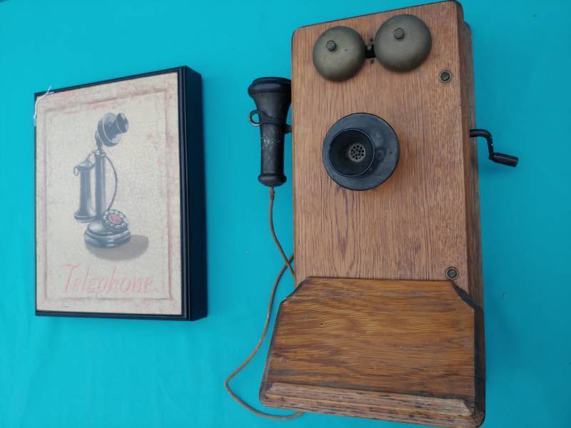 lot 5015 image: Antique Kellogg Crank Phone and Wall Art