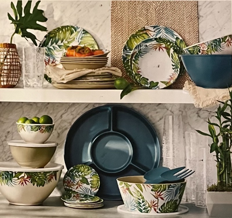 lot 436 image: Bamboo Melamine Serveware Set 12 piece set Navy Tropical Design