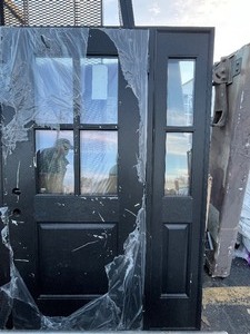 lot 9 image: 81 Quality Black Front Door w Side Window 81 Sm Shipping blemishes Easily Repainted see images Retails $1600