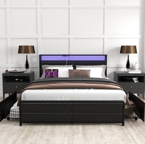 lot 97 image: Bonzy Home Full Size Bed Frame with 4 Storage Drawers and USB Port, Platform Bed Frame with Lights, Strong Metal Slats Support, No Box Spring, Noise Free Needed, Mattress Foundation, Black