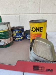 lot 64 image: Vintage metal coffee cans mixed nuts planters cans