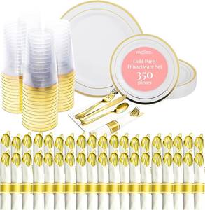 lot 1002 image: 350 Piece (50 guests) Prestee 350-Piece Engagement Party Decorations Disposable Dinnerware Set for 50 Guests - Fancy Plastic Dinner Ware Sets with Plates, Cups, Forks, Knives, Spoons - White and Gold Dinnerware Set
