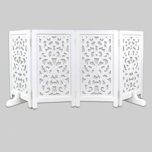 lot 1021 image: Decorative Wooden Pet Gate, Dog Fence, Cat Gate, Foldable, Adjustable, Portable, Extra-Wide, Wooden Dog Barrier, Free-Standing Puppy Gate 4 Panels for Indoor, Doorways, Stairs-26x52 Inch White Antique