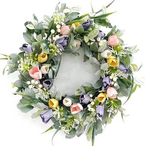 lot 1023 image: Huashen 22 Inch Spring Summer Wreaths for Front Door with Tulip Green Leaves, Floral Summer Door Wreath for Farmhouse Porch Window Decor